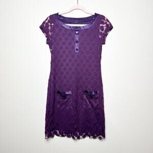 Y2K En Focus Studio Retro Sheath Dress Lace Layered Mini Purple Polka Dot Size 6